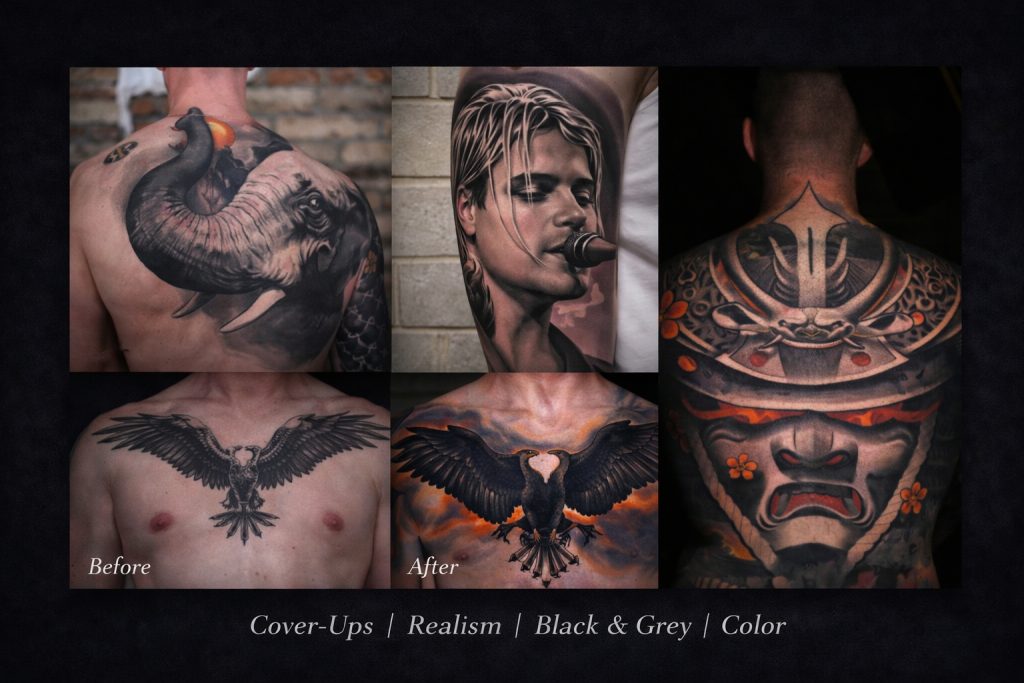 Wide tattoo portfolio collage featuring elephant back tattoo, portrait realism sleeve, eagle cover-up transformation, and Japanese samurai full back tattoo in black and grey and color realism styles.