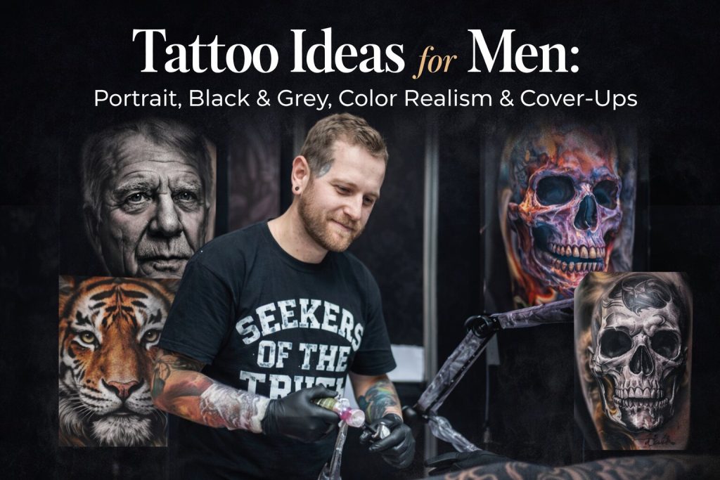 Professional tattoo artist working on a client’s arm in a studio, featuring examples of portrait, black and grey, color realism, and cover-up tattoo designs displayed in the background.