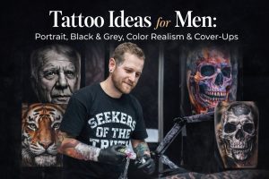 Professional tattoo artist working on a client’s arm in a studio, featuring examples of portrait, black and grey, color realism, and cover-up tattoo designs displayed in the background.