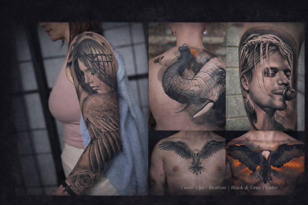 Professional wide landscape tattoo portfolio showcasing black and grey and color realism designs, including an angel sleeve tattoo, elephant back piece, detailed portrait realism, and eagle chest cover-up transformation.