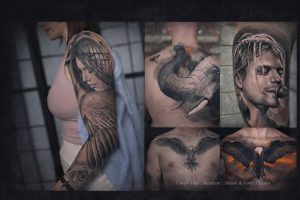 Professional wide landscape tattoo portfolio showcasing black and grey and color realism designs, including an angel sleeve tattoo, elephant back piece, detailed portrait realism, and eagle chest cover-up transformation.
